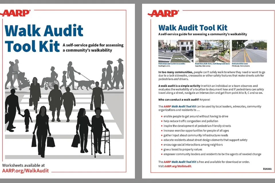 The cover of the AARP Walk Audit Tool Kit shows silhouettes of people crossing a street.